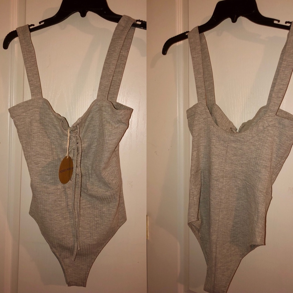 NWT Gray ribbed lace-up bodysuit